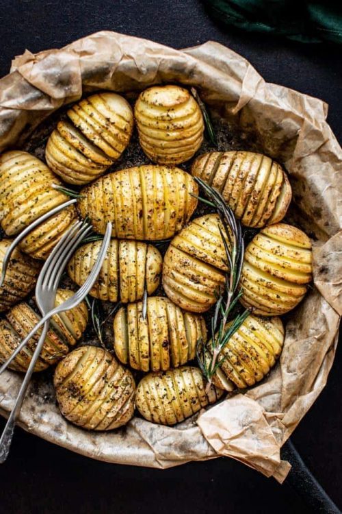 roasted potatoes in a roasting pan